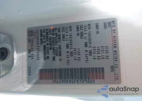 2015 Nissan Nv200 S/Sv from USA, damaged, VIN 3N6CM0KN1FK729228